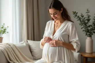 Femme enceinte tenant un bola de grossesse doré dans un salon cosy style scandinave, idée cadeau baby shower