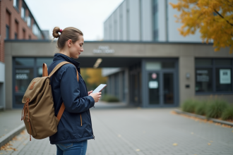 Femme dehors devant l usine Asos avec téléphone