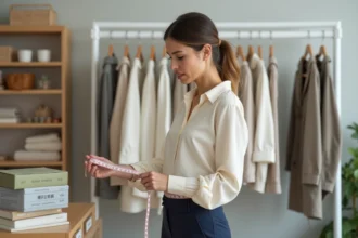 Femme consultant un guide des tailles vêtements avec un mètre ruban dans un dressing organisé