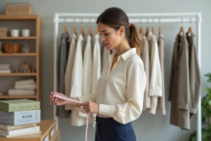 Femme consultant un guide des tailles vêtements avec un mètre ruban dans un dressing organisé