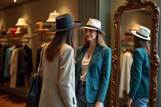 Femme élégante essayant des chapeaux dans une boutique urbaine