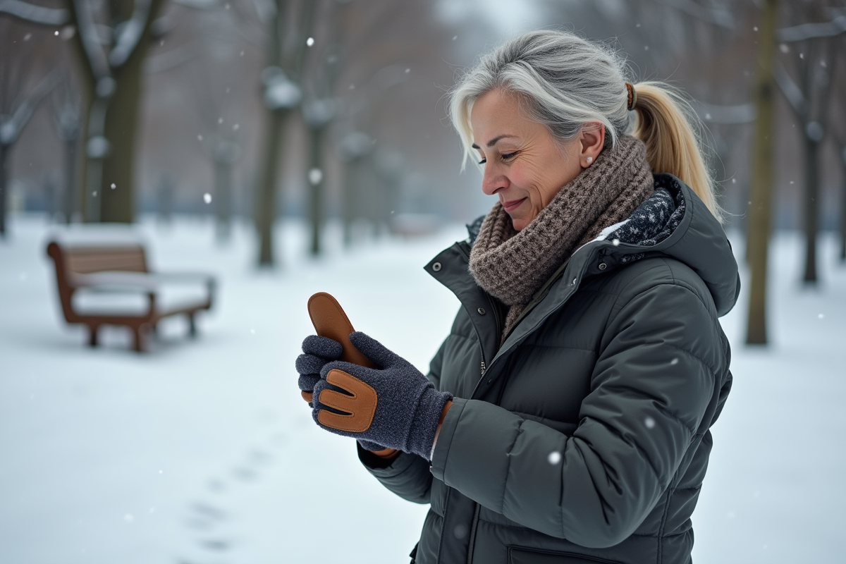 Femme d'âge moyen examinant ses gants d'hiver dans un parc enneige