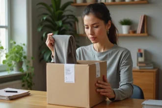 Femme inspectant des vêtements de sport reçus après une commande en ligne, évaluant la qualité d'un achat sur Halara