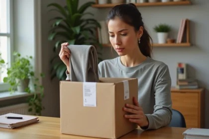 Femme inspectant des vêtements de sport reçus après une commande en ligne, évaluant la qualité d'un achat sur Halara