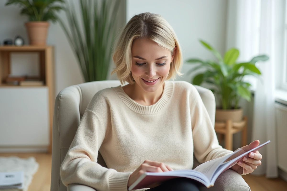 Femme souriante lisant un magazine dans un salon lumineux