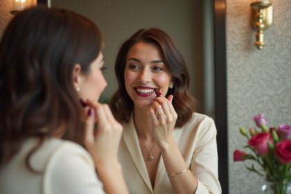 Femme appliquant un rouge à lèvres dans un miroir