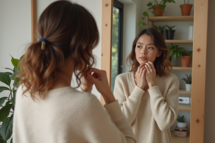 Femme regardant son reflet dans un miroir dans une chambre chaleureuse
