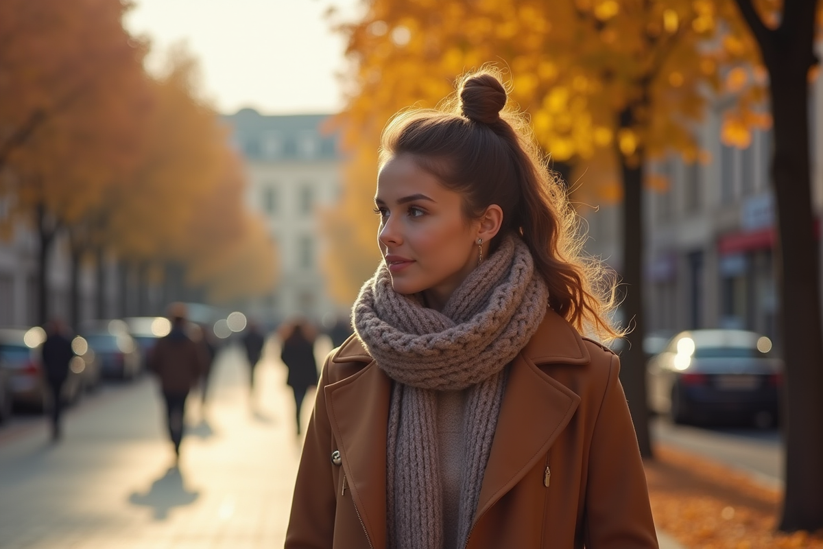 Jeune femme mode automne portant echarpe en laine