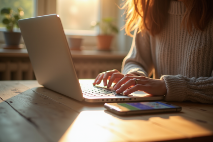 Jeune femme fermant son ordinateur sur une table en bois ensoleillée
