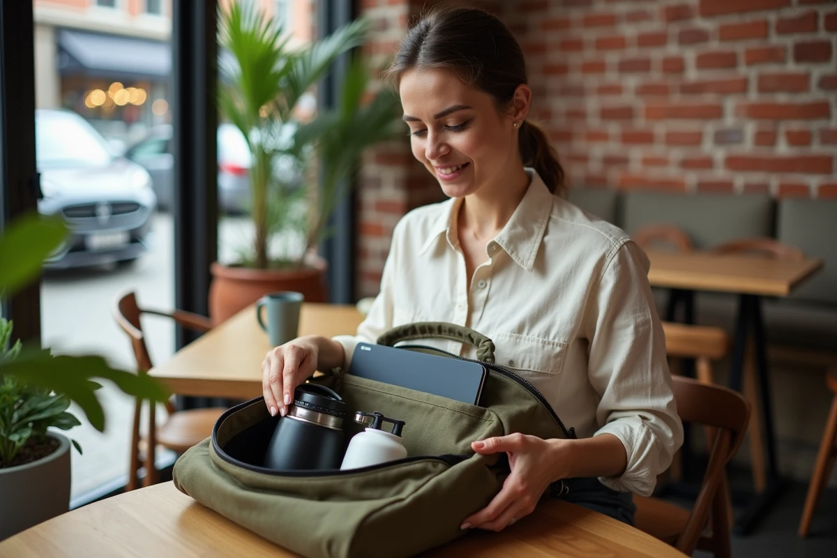 Femme assise dans un café organisant le contenu de son sac de travail quotidien entre réunions et télétravail