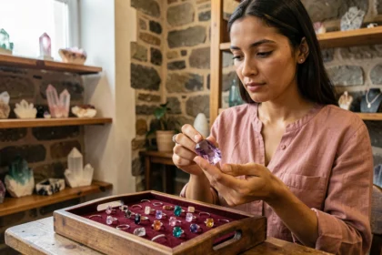 Femme examinant des bagues en pierres précieuses associées aux signes astrologiques dans une boutique de bijoux artisanale