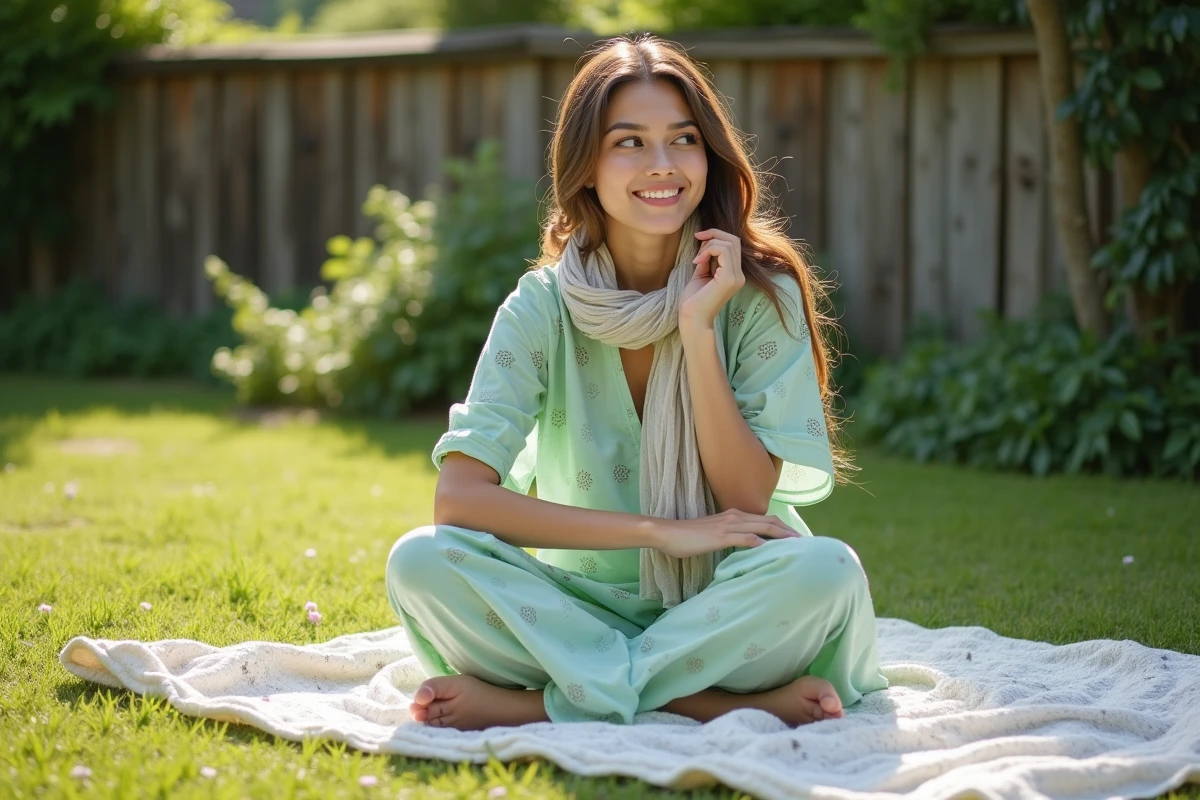 Jeune femme en robe verte dans un jardin ensoleille
