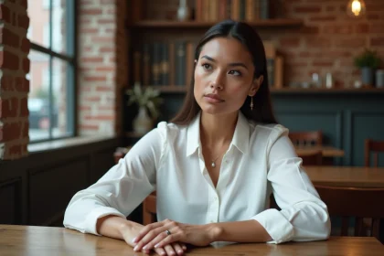 Jeune femme contemplative portant une bague noire dans un café