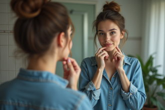 Jeune femme en denim se regarde dans un miroir