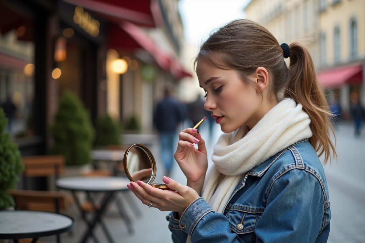 Jeune femme se regardant dans un miroir en extérieur