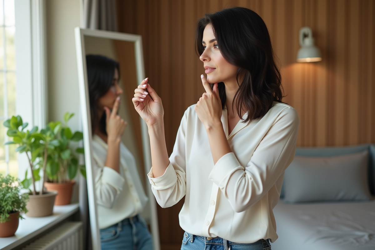 Femme en miroir dans une chambre lumineuse et cosy