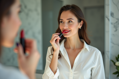 Femme appliquant du rouge à lèvres dans une salle de bain moderne