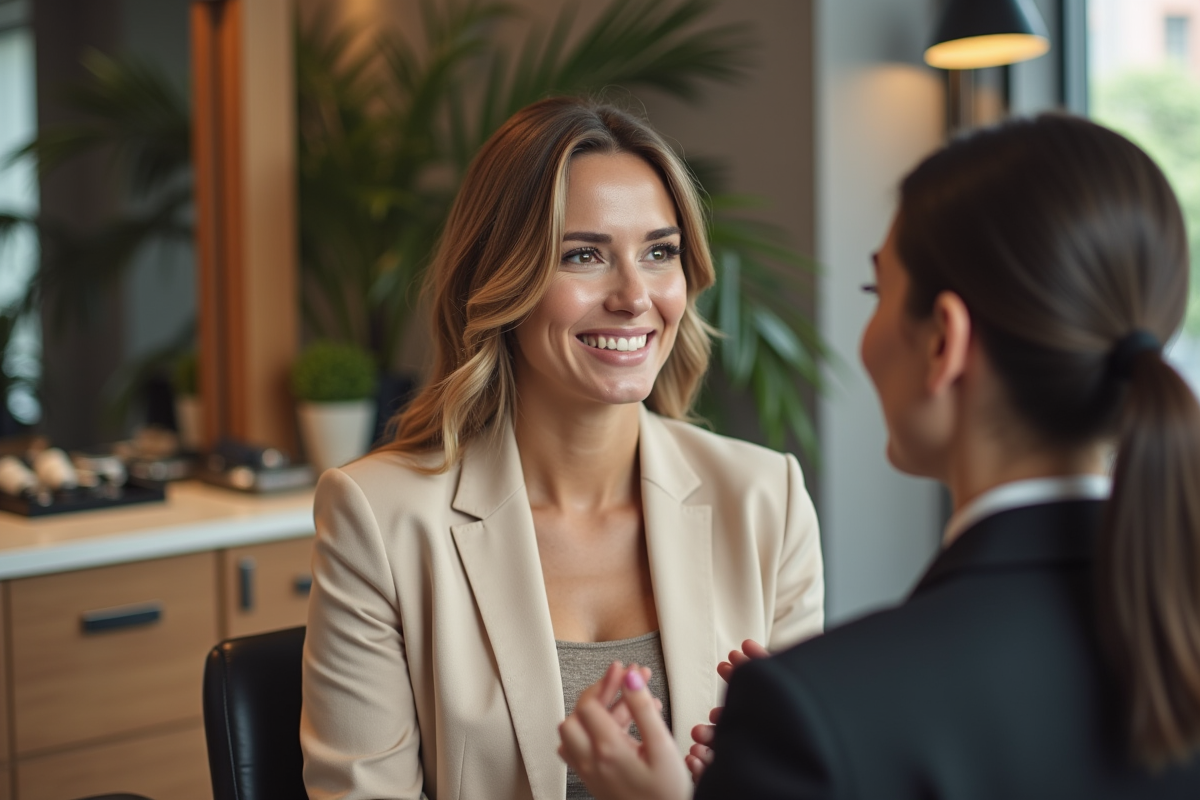 Femme élégante en salon de coiffure moderne