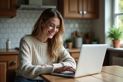 Jeune femme souriante utilisant son ordinateur portable dans une cuisine belge