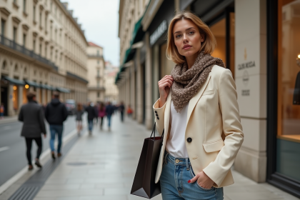 Femme élégante avec foulard monogramme et sac de shopping