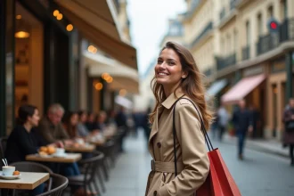 Femme souriante en trench beige à Paris avec boutiques