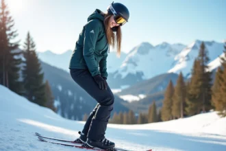 Jeune femme en pantalon de ski moderne en pleine nature