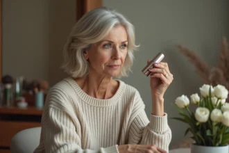 Femme en cashmere appliquant du fond de teint dans son miroir
