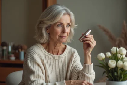 Femme en cashmere appliquant du fond de teint dans son miroir
