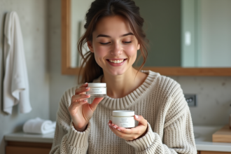 Jeune femme compare crème hydratante et baume visage