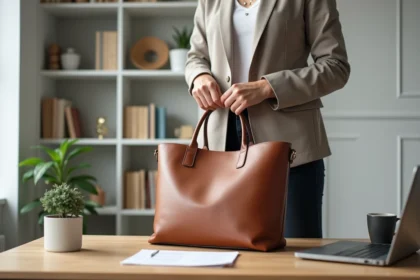 Femme en télétravail posant son sac de travail structuré sur un bureau à domicile avec ordinateur portable et café