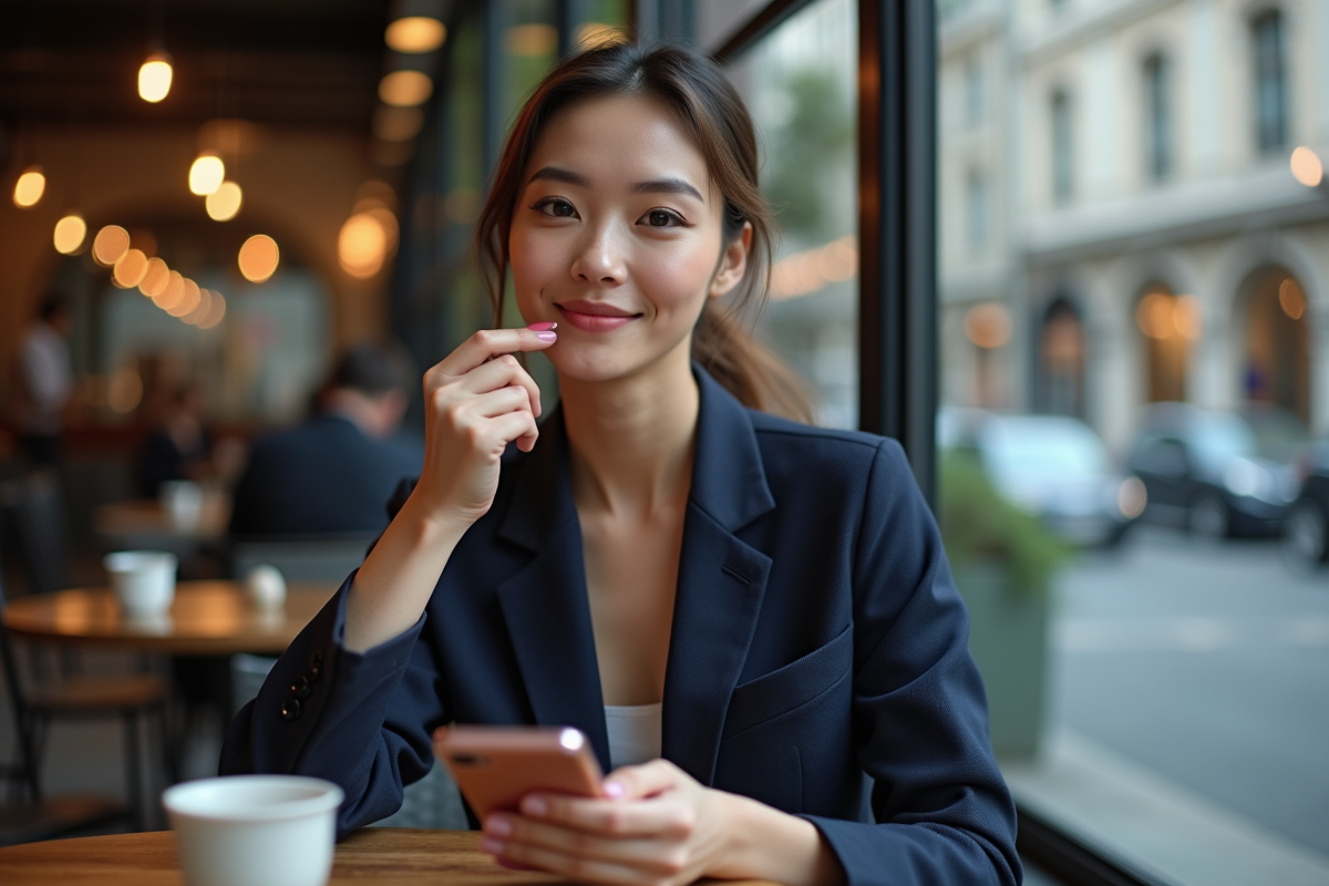 Femme en blazer renforçant son lipstick dans un café urbain