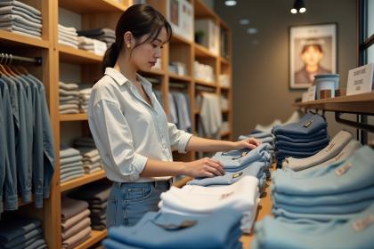 Femme regardant des vêtements pliés dans une boutique lumineuse