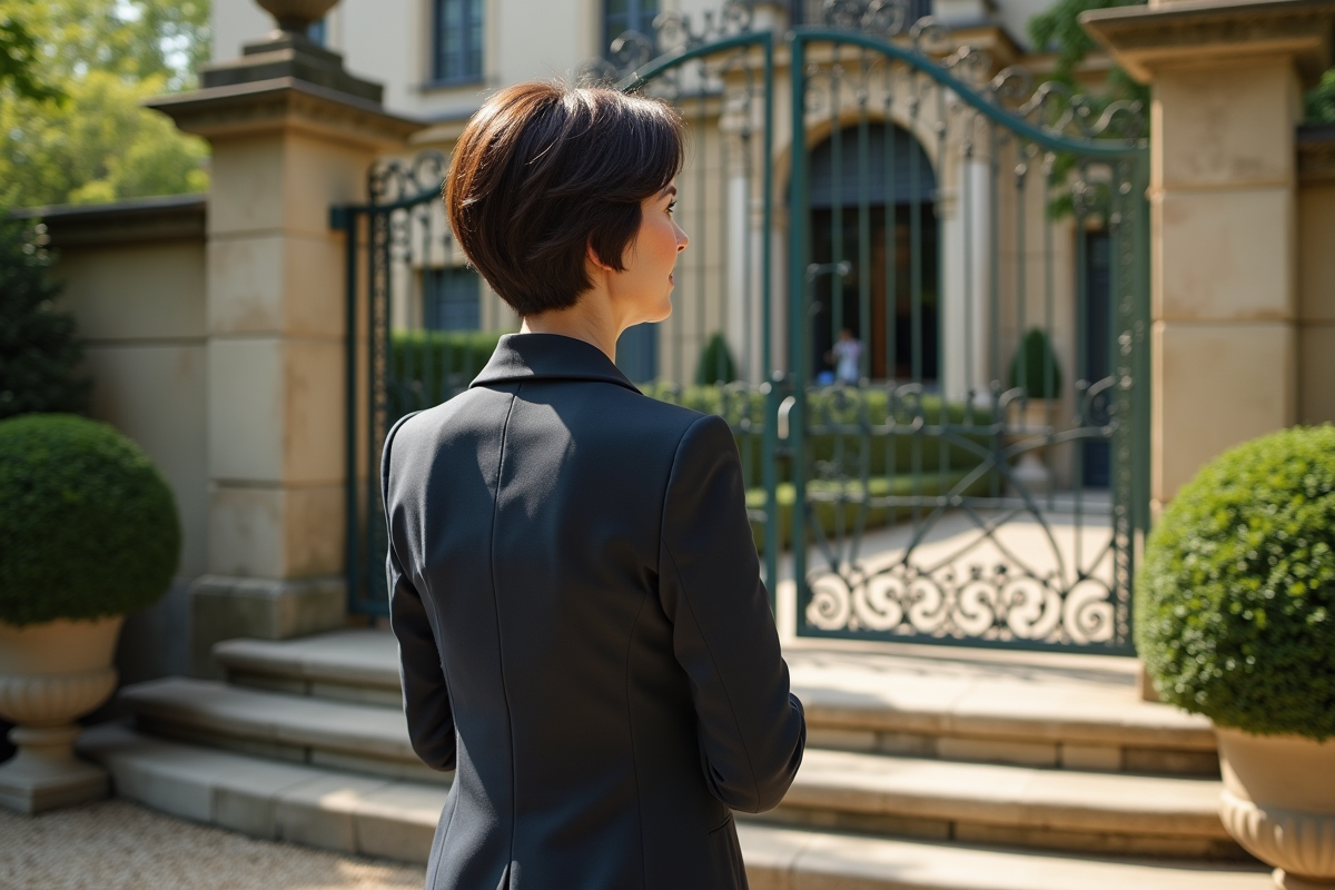 Femme moyenne devant une villa parisienne avec escalier en pierre