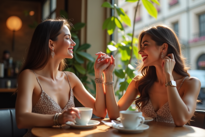 Deux femmes élégantes portant des bracelets au café ensoleille