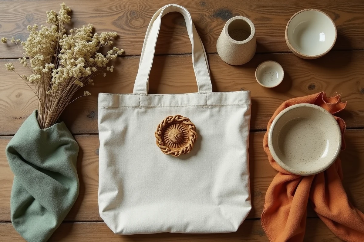 Composition flat lay d'accessoires de mode éthique artisanaux sur bois recyclé — tote bag en lin, broche en bois et objets de curiosité