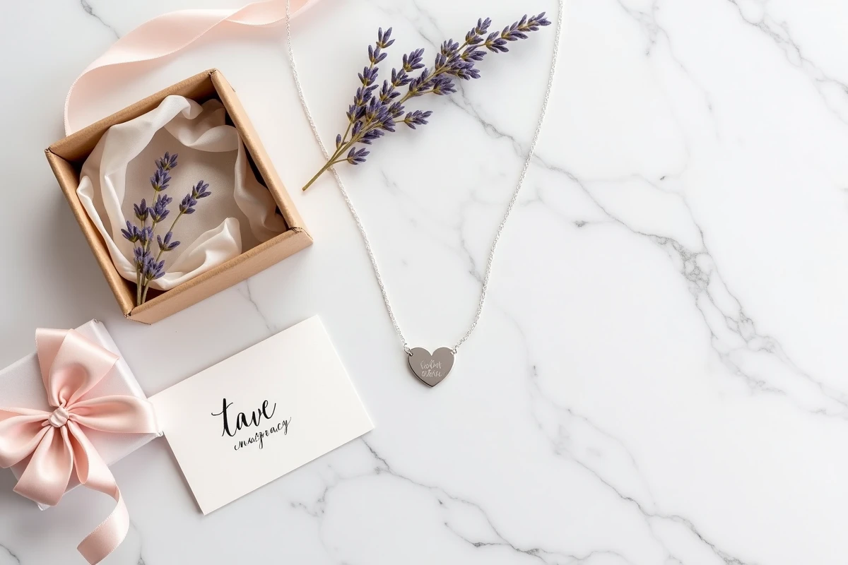 Flat lay d'un bola de grossesse en argent avec boîte cadeau et accessoires baby shower sur marbre blanc