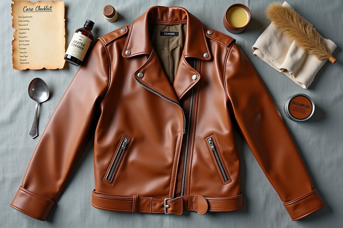 Flat lay d'une veste en cuir cognac vintage avec des accessoires d'entretien du cuir sur fond lin gris
