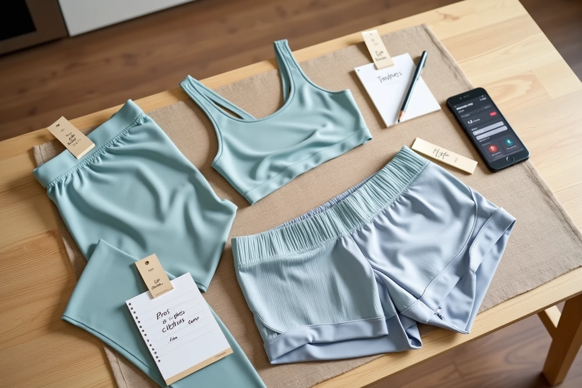 Flat lay de vêtements de sport Halara avec avis écrits et smartphone, illustration d'une revue de produits en ligne