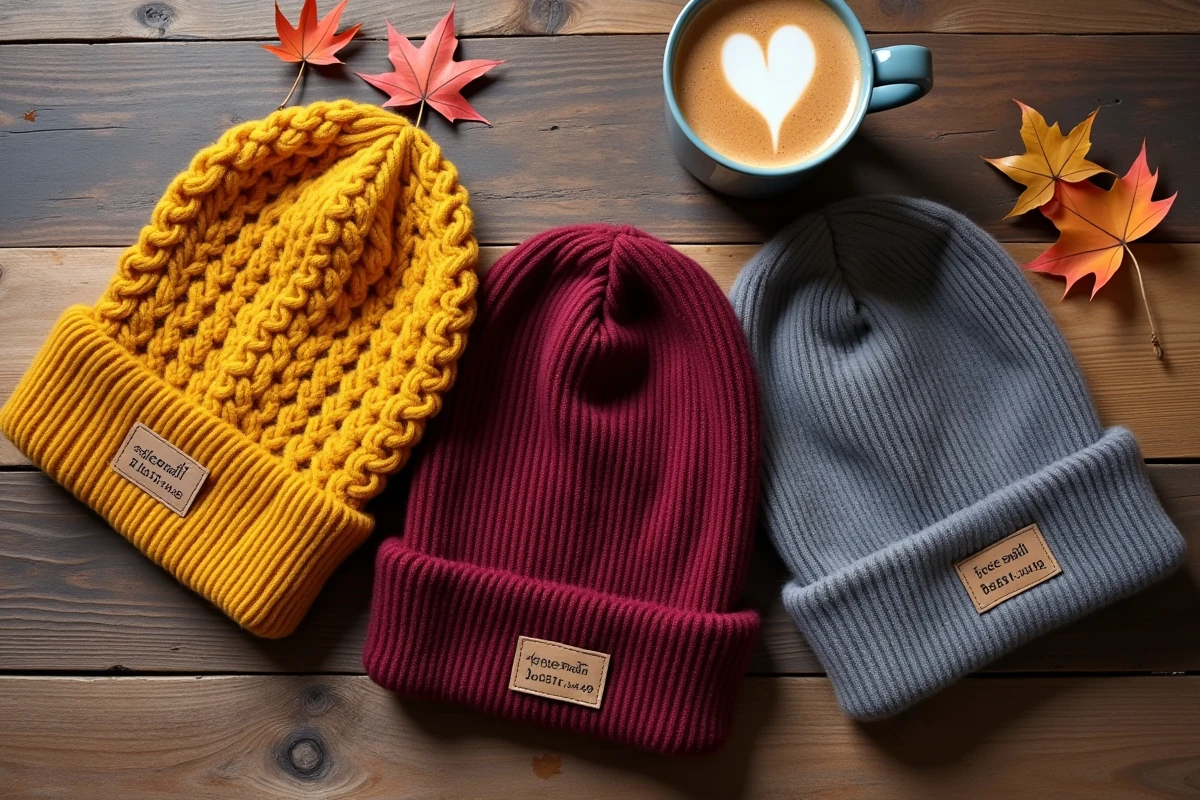Flatlay de trois bonnets abordables en laine et polaire avec étiquettes de prix sur une table en bois rustique