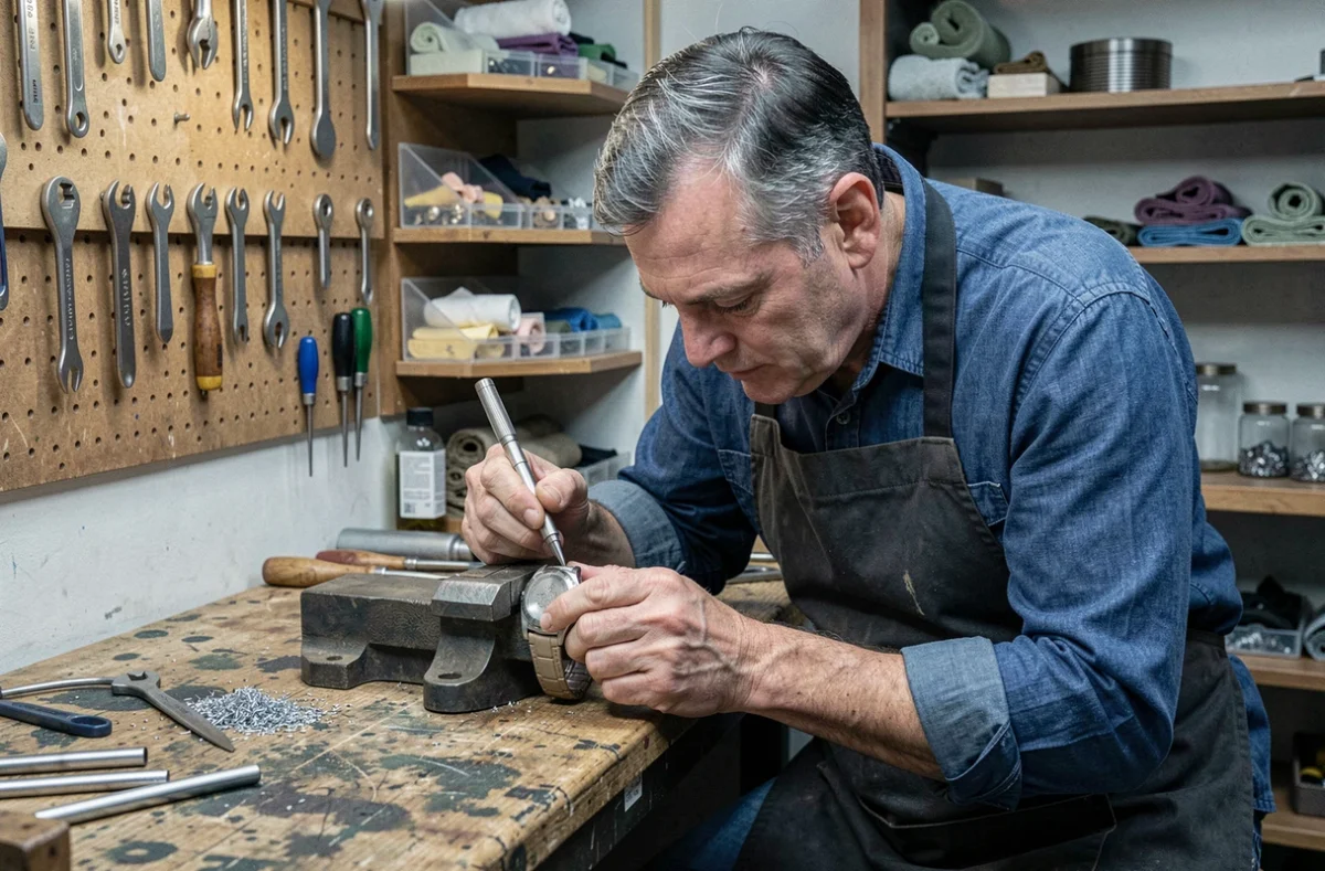 Graveur professionnel personnalisant le fond d'une montre homme en atelier de joaillerie