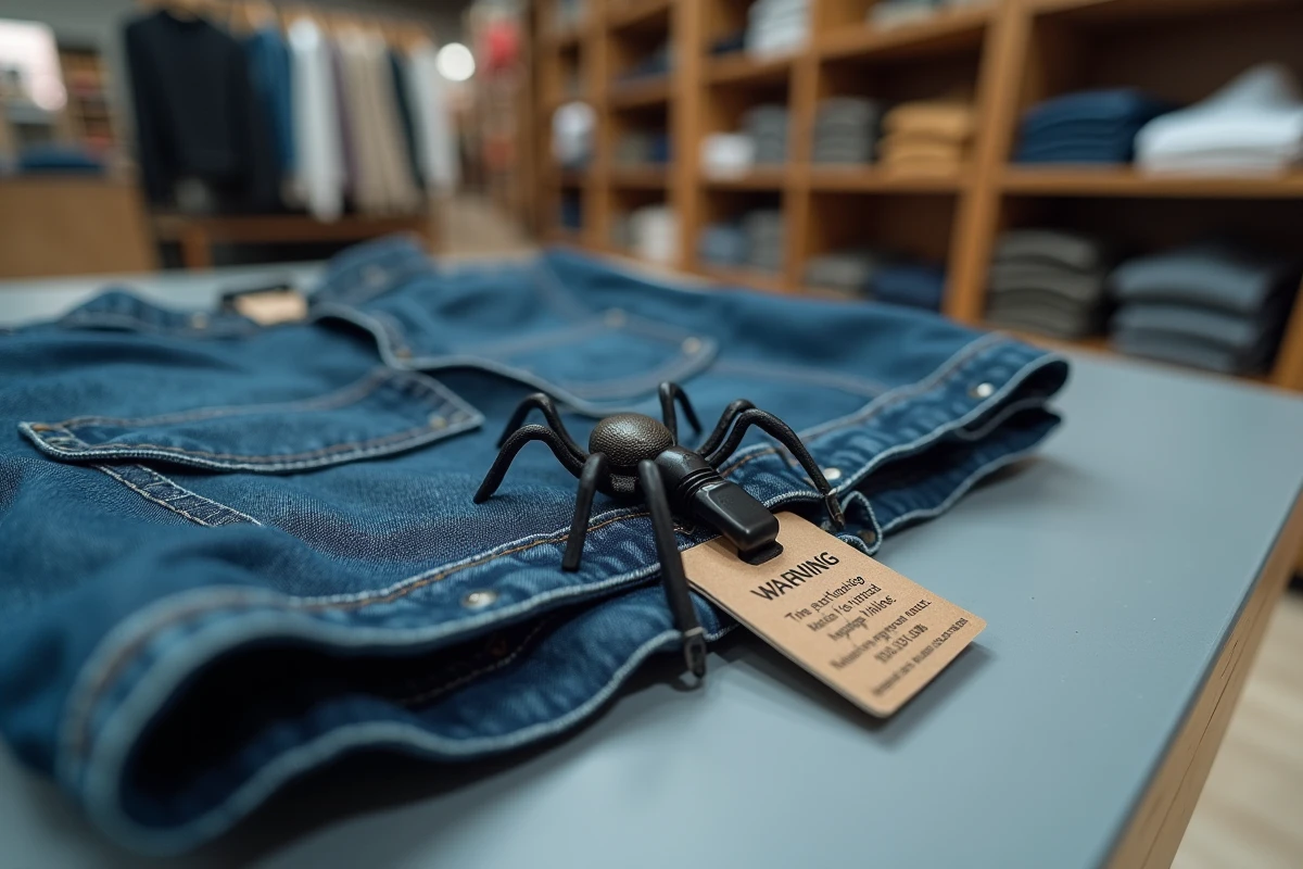 Gros plan sur un antivol plastique rigide fixé sur une veste en jean dans un magasin de vêtements