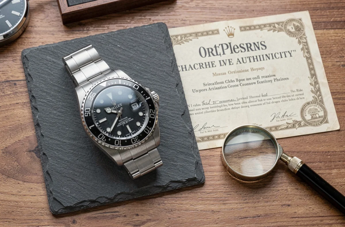 Gros plan d'une Rolex GMT-Master II posée sur une ardoise avec une loupe et un certificat d'authenticité pour illustrer la vérification horlogère