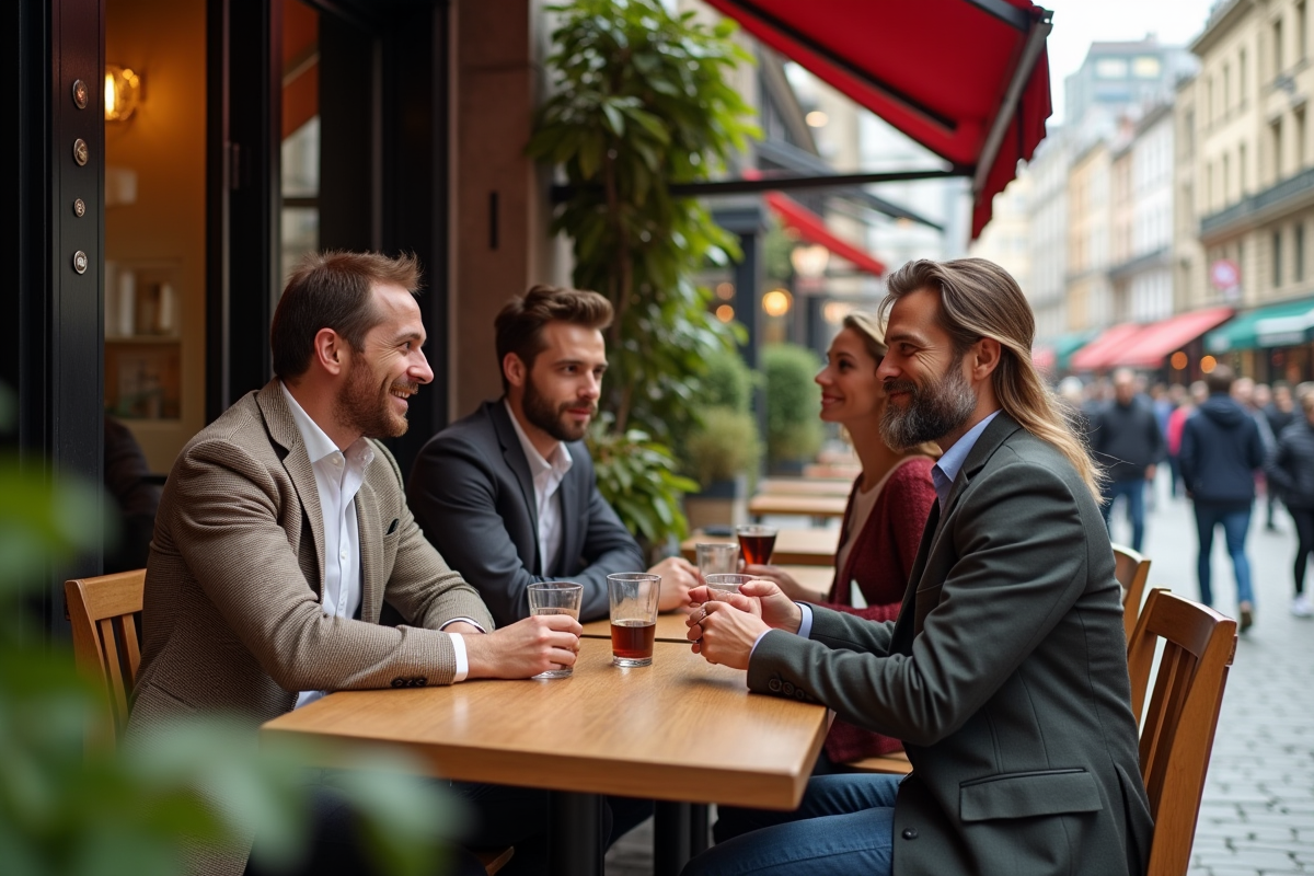 Groupe d amis discutant dans un café urbain chic