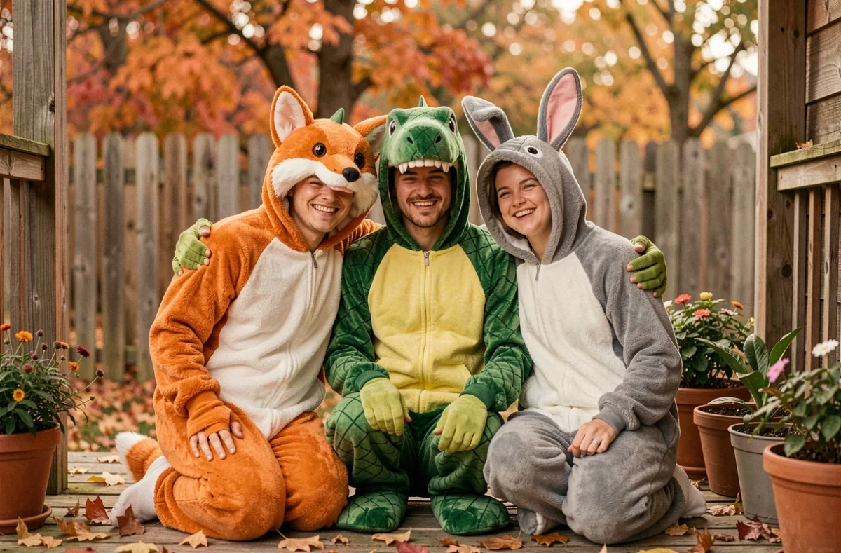 Trois amis souriants portant des combinaisons pyjama animaux renard dinosaure et lapin, posant ensemble sur une terrasse en bois entourée de feuilles d'automne