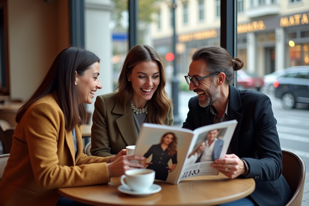 Groupe d adultes discutant autour d un café avec magazine de mode