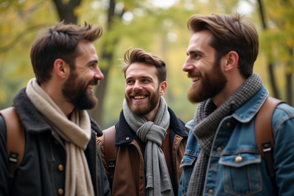 Trois hommes avec barbes dans un parc urbain