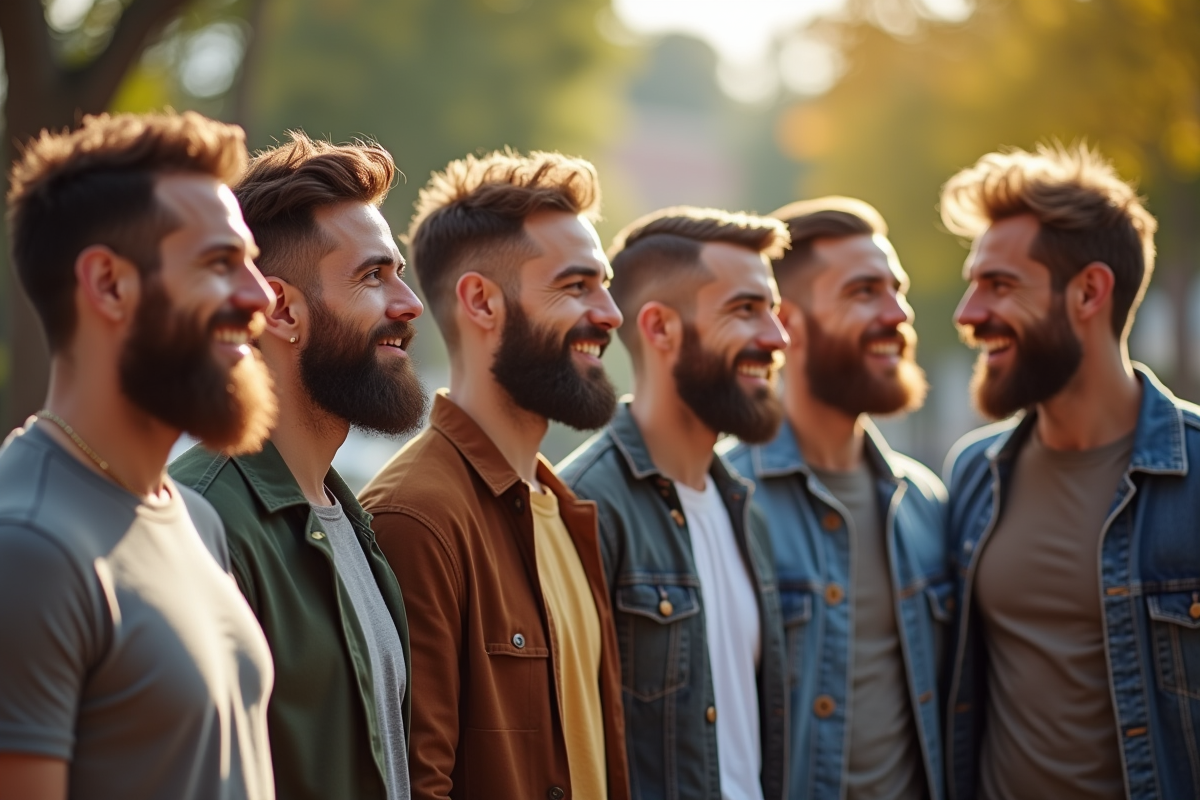 Groupe d'hommes divers avec barbes et coiffures variées dehors