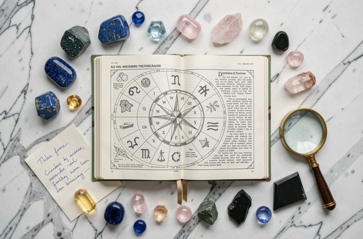 Vue de dessus d'un guide astrologique ouvert entouré de pierres brutes et polies associées aux signes du zodiaque sur marbre blanc