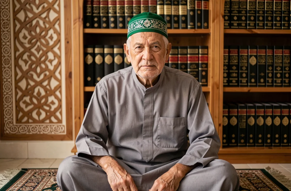 Homme âgé portant une taqiyah brodée verte en intérieur islamique traditionnel, identité religieuse musulmane et transmission culturelle