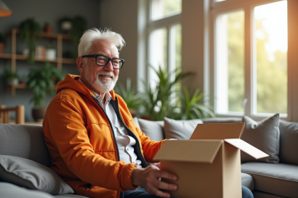 Homme agee souriant deballant un colis Zalando dans un salon lumineux